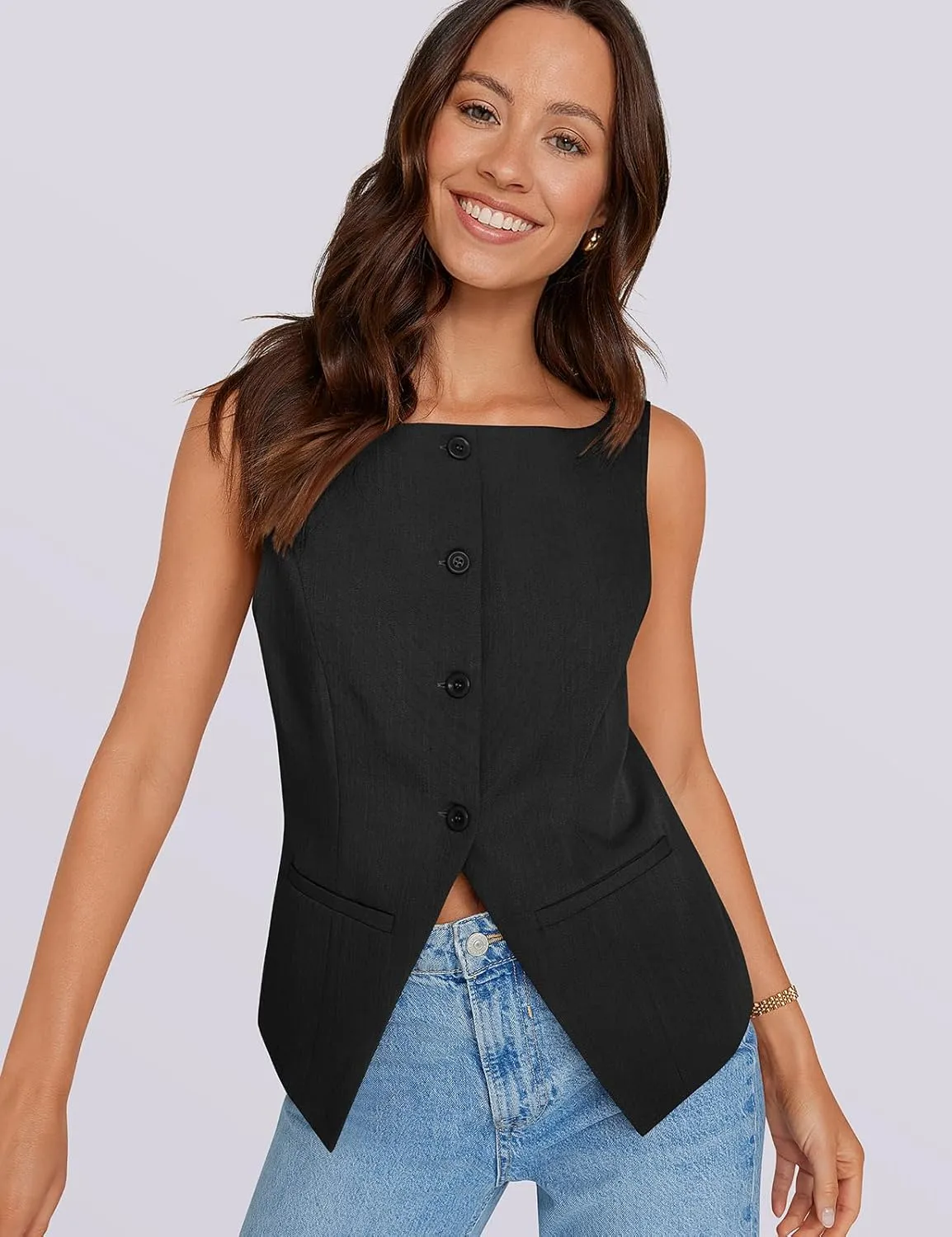 UEU Womens Vest Top 4 Button Sleeveless Boat Neck Fully Lined 2025 Trendy Dressy Business Work Blazer Suit Waistcoat