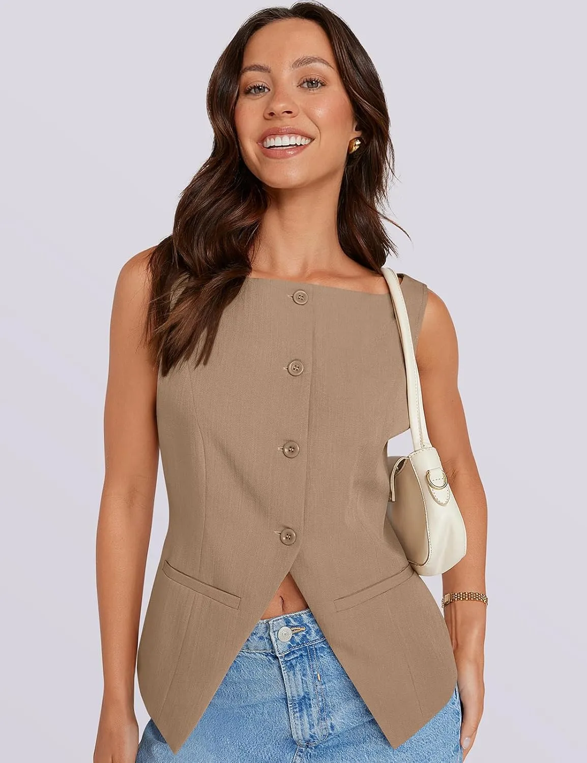 UEU Womens Vest Top 4 Button Sleeveless Boat Neck Fully Lined 2025 Trendy Dressy Business Work Blazer Suit Waistcoat