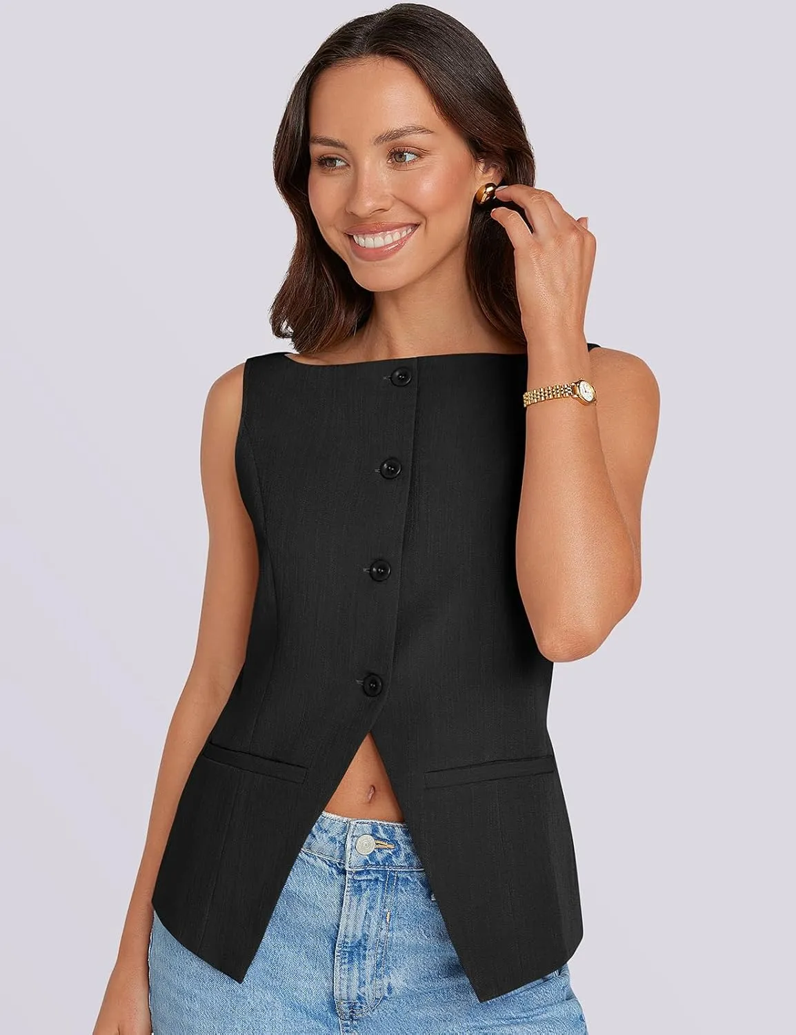 UEU Womens Vest Top 4 Button Sleeveless Boat Neck Fully Lined 2025 Trendy Dressy Business Work Blazer Suit Waistcoat