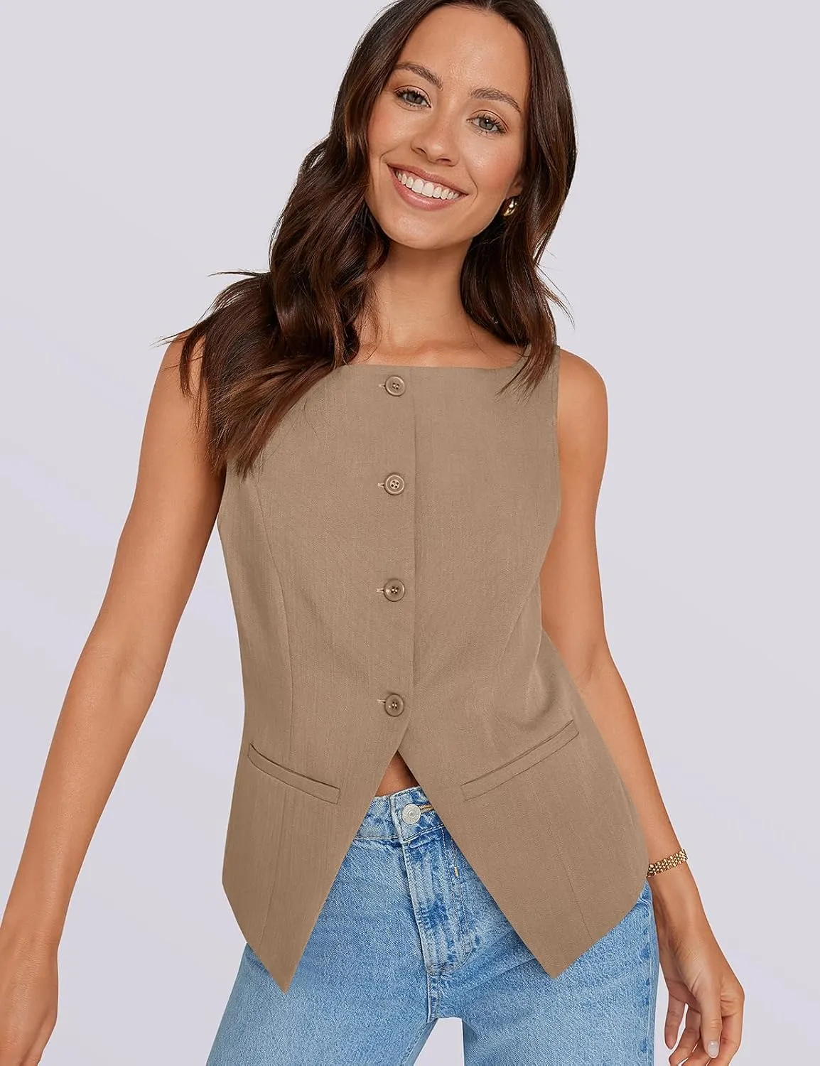 UEU Womens Vest Top 4 Button Sleeveless Boat Neck Fully Lined 2025 Trendy Dressy Business Work Blazer Suit Waistcoat
