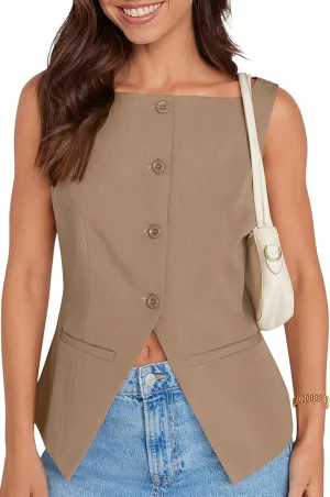 UEU Womens Vest Top 4 Button Sleeveless Boat Neck Fully Lined 2025 Trendy Dressy Business Work Blazer Suit Waistcoat
