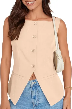 UEU Womens Vest Top 4 Button Sleeveless Boat Neck Fully Lined 2025 Trendy Dressy Business Work Blazer Suit Waistcoat