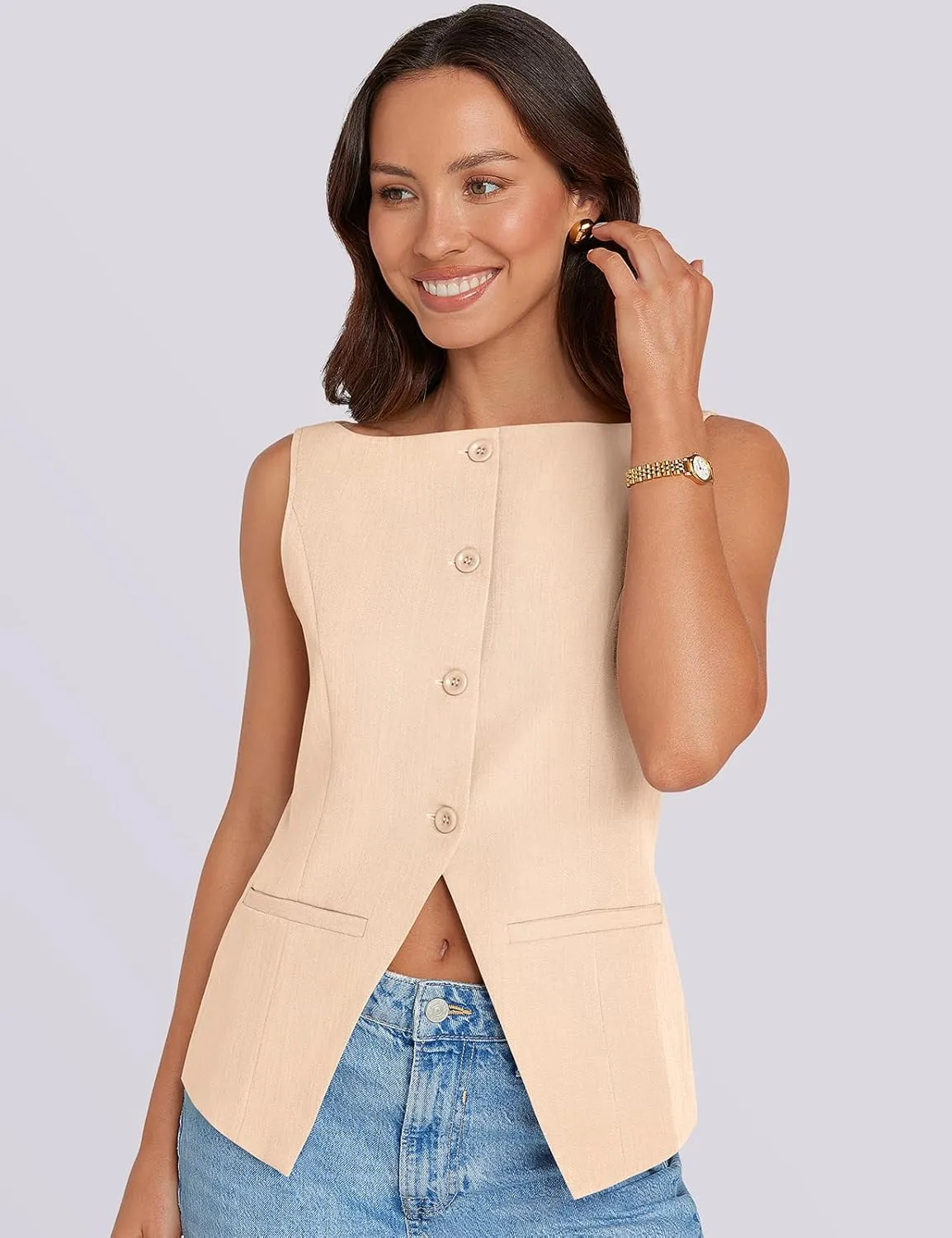 UEU Womens Vest Top 4 Button Sleeveless Boat Neck Fully Lined 2025 Trendy Dressy Business Work Blazer Suit Waistcoat