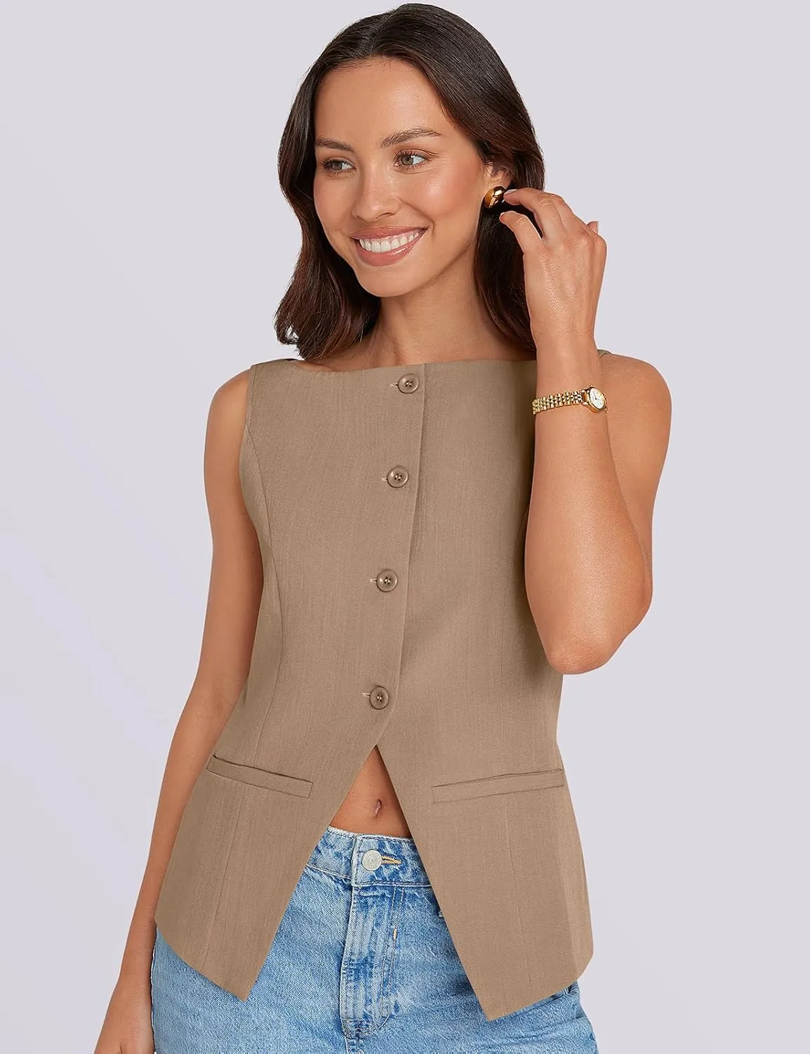 UEU Womens Vest Top 4 Button Sleeveless Boat Neck Fully Lined 2025 Trendy Dressy Business Work Blazer Suit Waistcoat