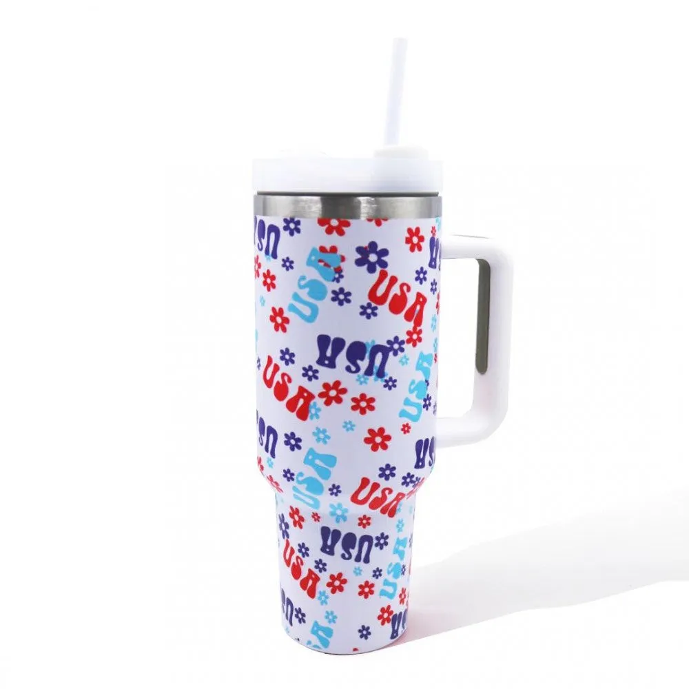 Unbranded Retro USA and Flower Printed 40oz Double Wall Stainless Steel Vacuum Tumbler With Handle