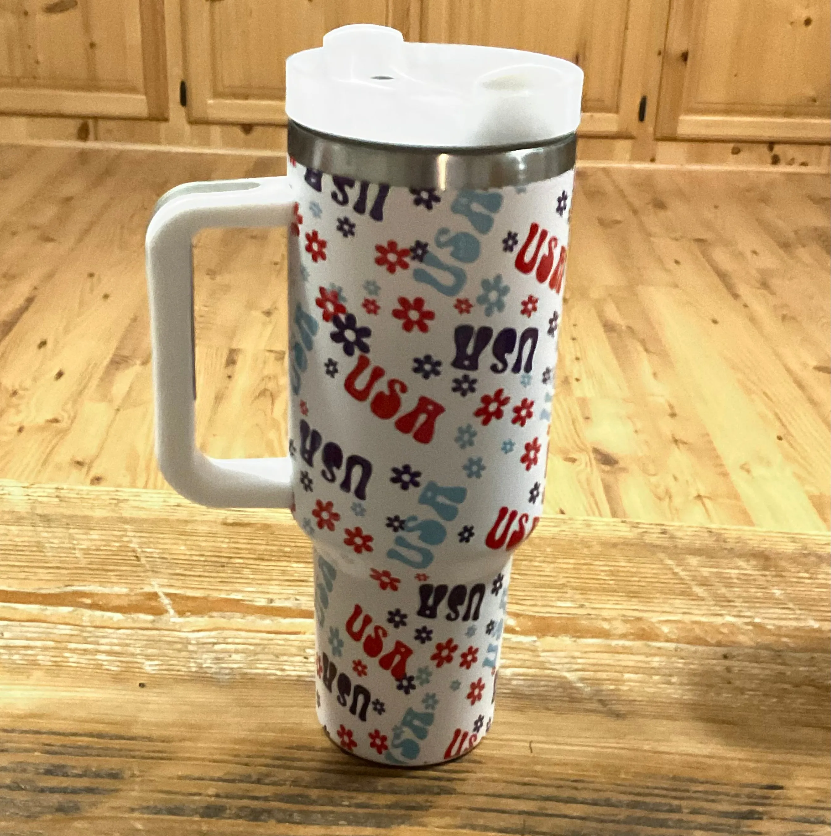 Unbranded Retro USA and Flower Printed 40oz Double Wall Stainless Steel Vacuum Tumbler With Handle