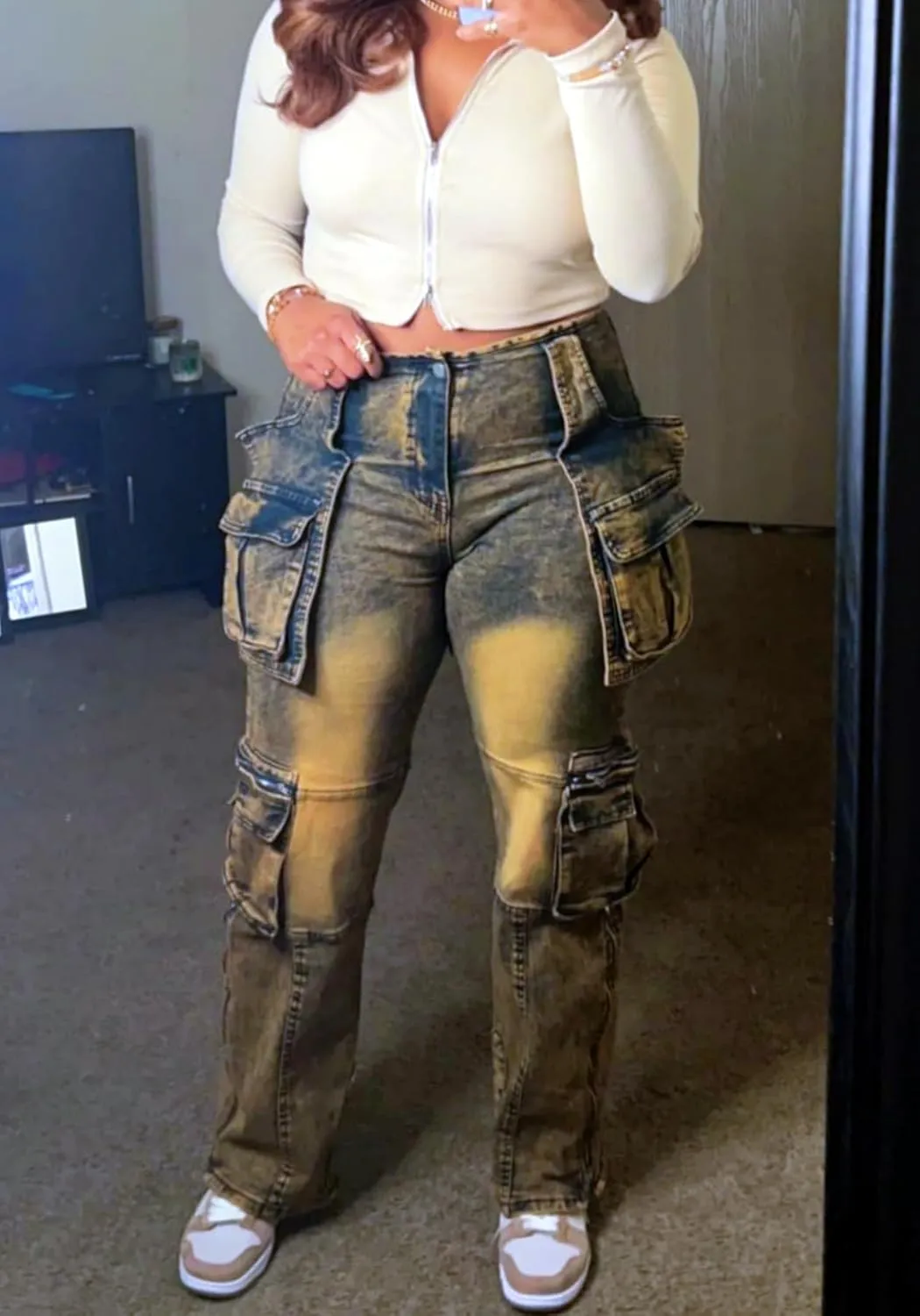 Vaceky Stretch Cargo Jeans Women Straight Leg Side Zipper Slit Y2K Denim Pants with Pockets