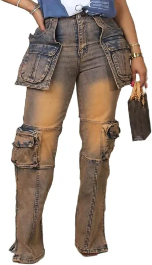 Vaceky Stretch Cargo Jeans Women Straight Leg Side Zipper Slit Y2K Denim Pants with Pockets