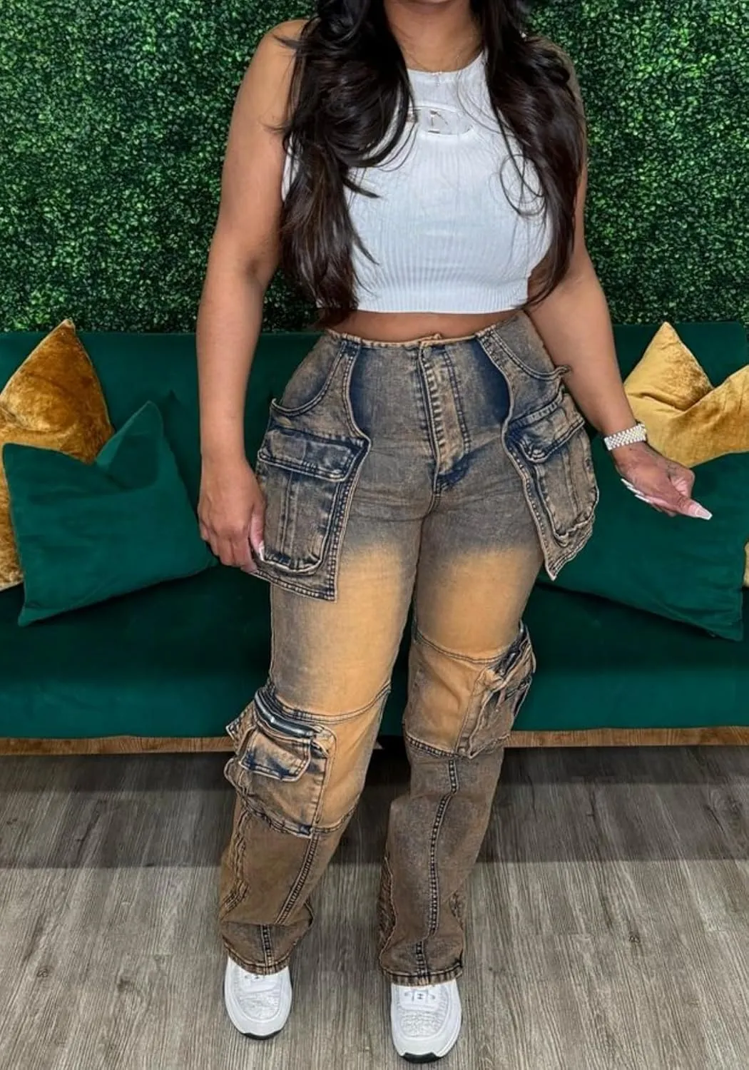 Vaceky Stretch Cargo Jeans Women Straight Leg Side Zipper Slit Y2K Denim Pants with Pockets
