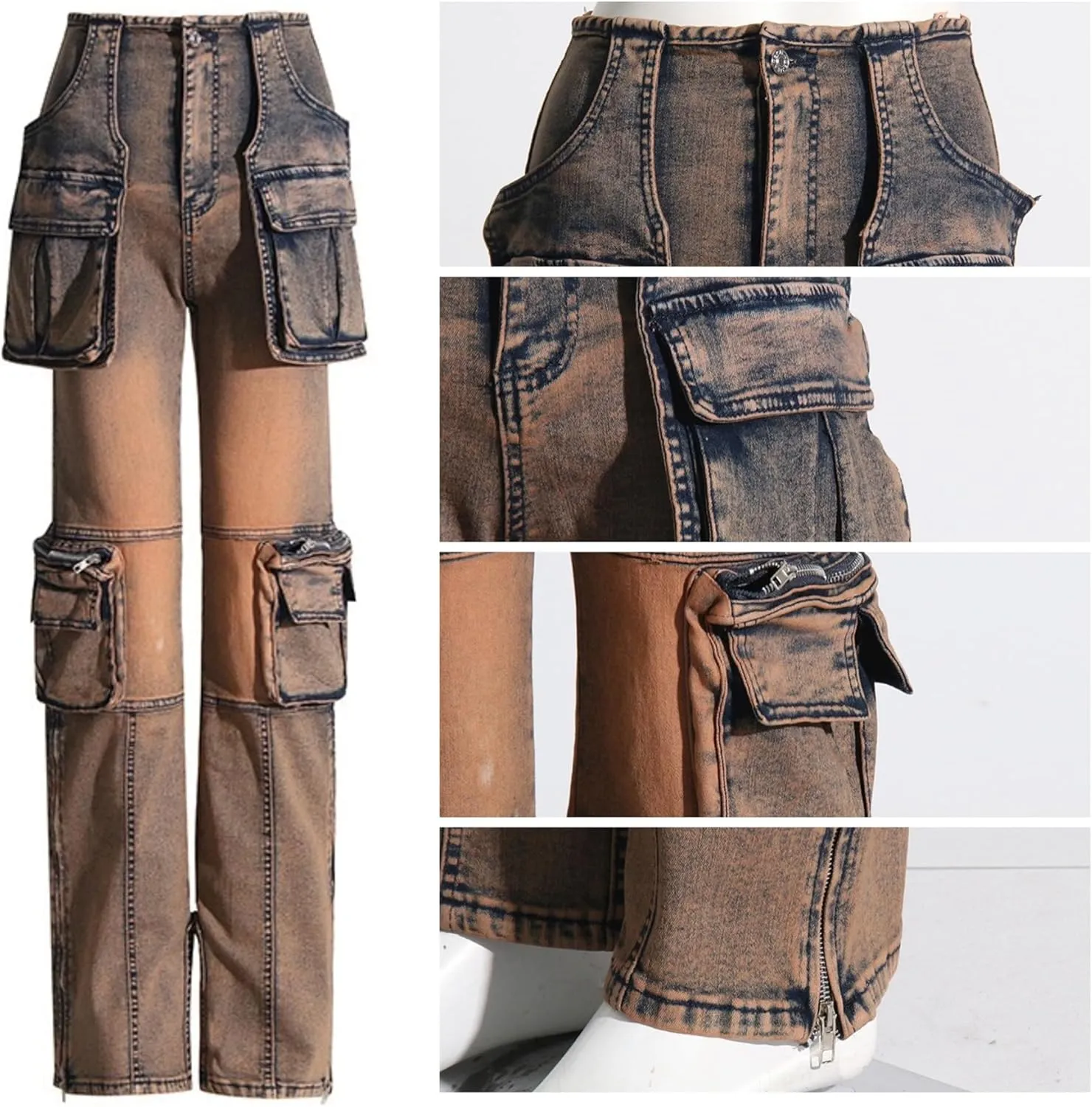 Vaceky Stretch Cargo Jeans Women Straight Leg Side Zipper Slit Y2K Denim Pants with Pockets