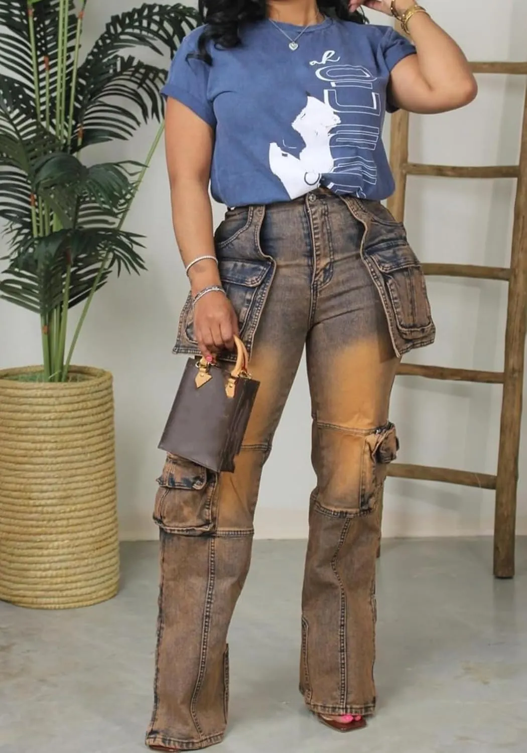 Vaceky Stretch Cargo Jeans Women Straight Leg Side Zipper Slit Y2K Denim Pants with Pockets