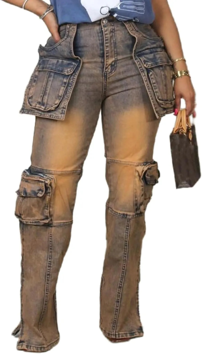 Vaceky Stretch Cargo Jeans Women Straight Leg Side Zipper Slit Y2K Denim Pants with Pockets