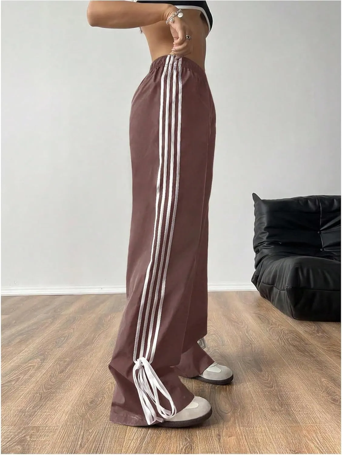 Verdusa Women's Loose Wide Leg Pants Tie Side Striped Elastic Waist Trousers