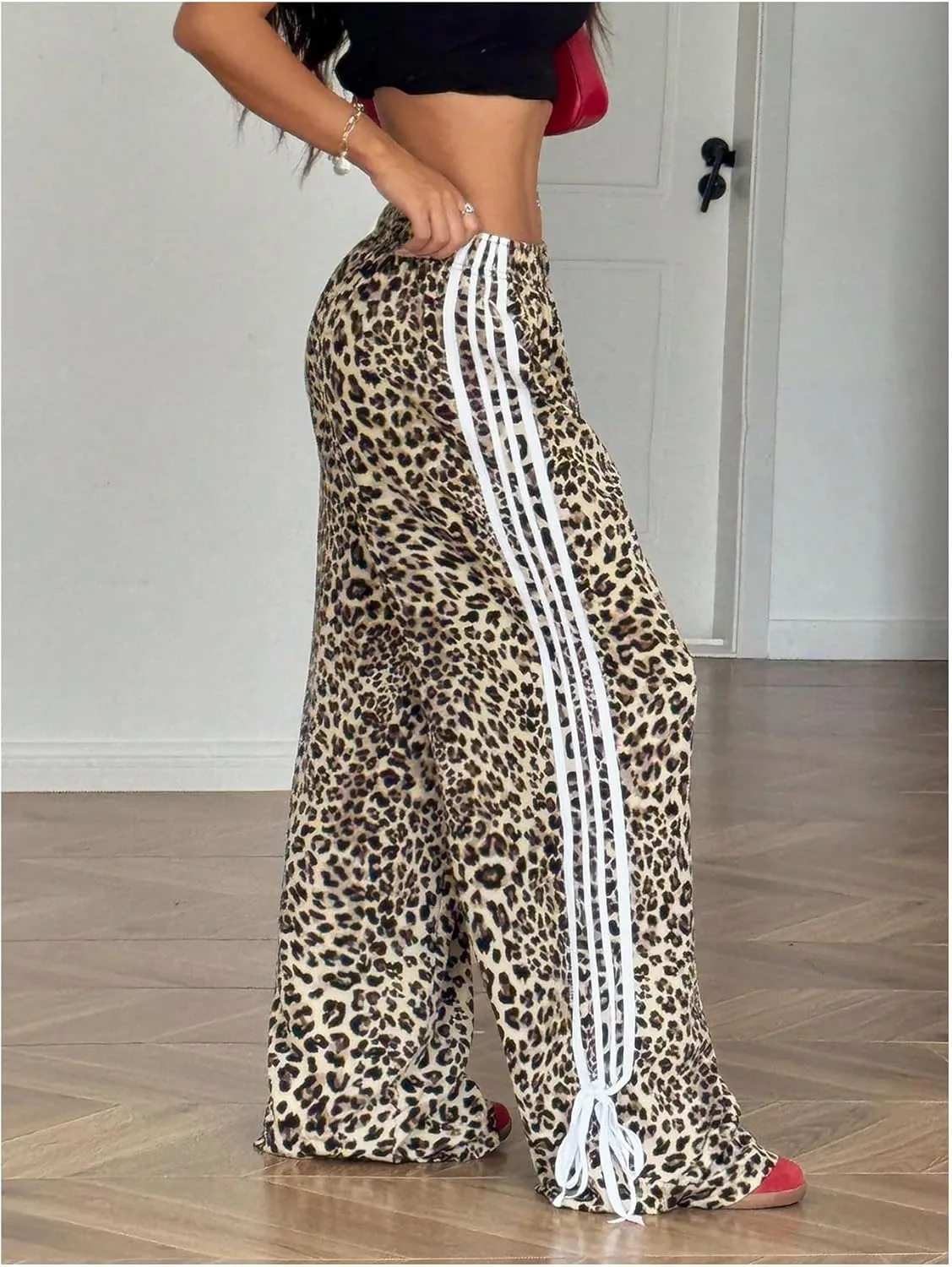 Verdusa Women's Loose Wide Leg Pants Tie Side Striped Elastic Waist Trousers