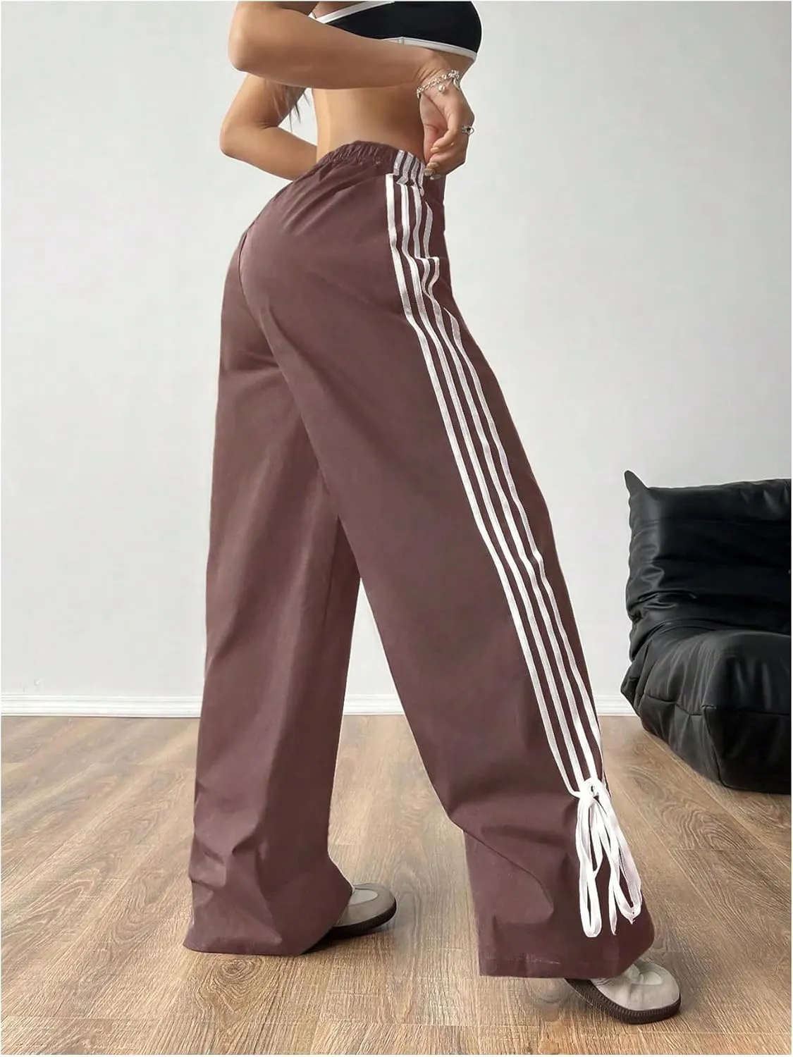 Verdusa Women's Loose Wide Leg Pants Tie Side Striped Elastic Waist Trousers