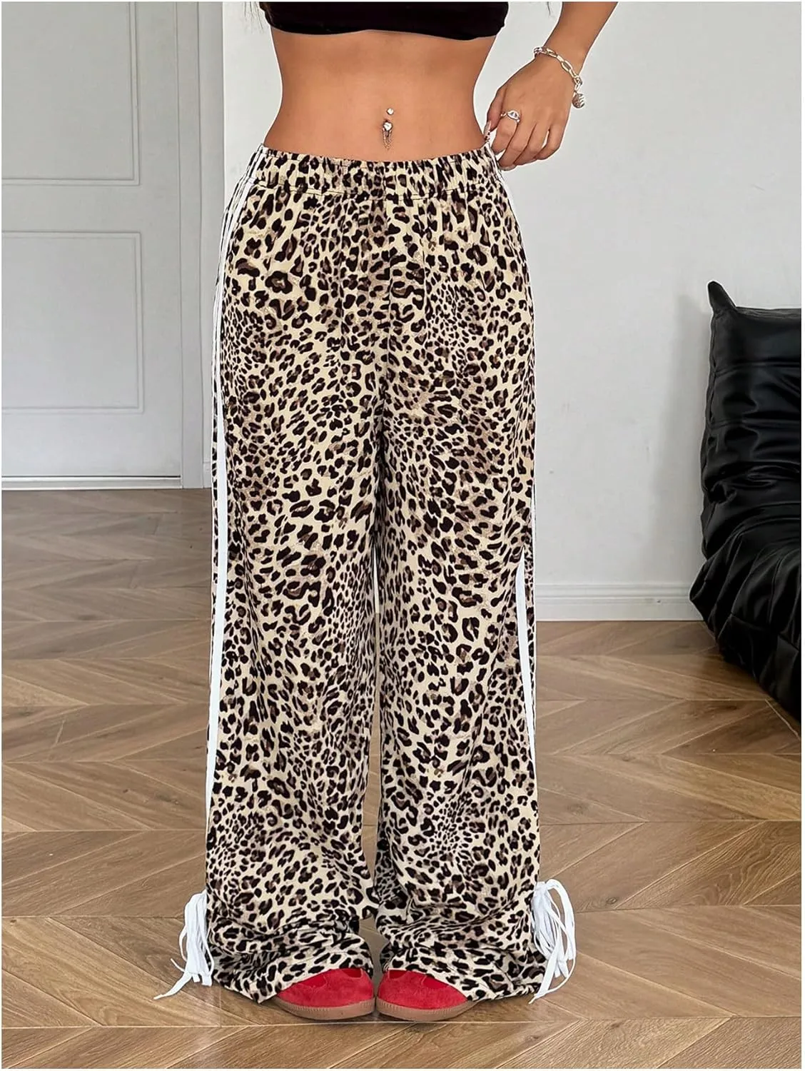 Verdusa Women's Loose Wide Leg Pants Tie Side Striped Elastic Waist Trousers