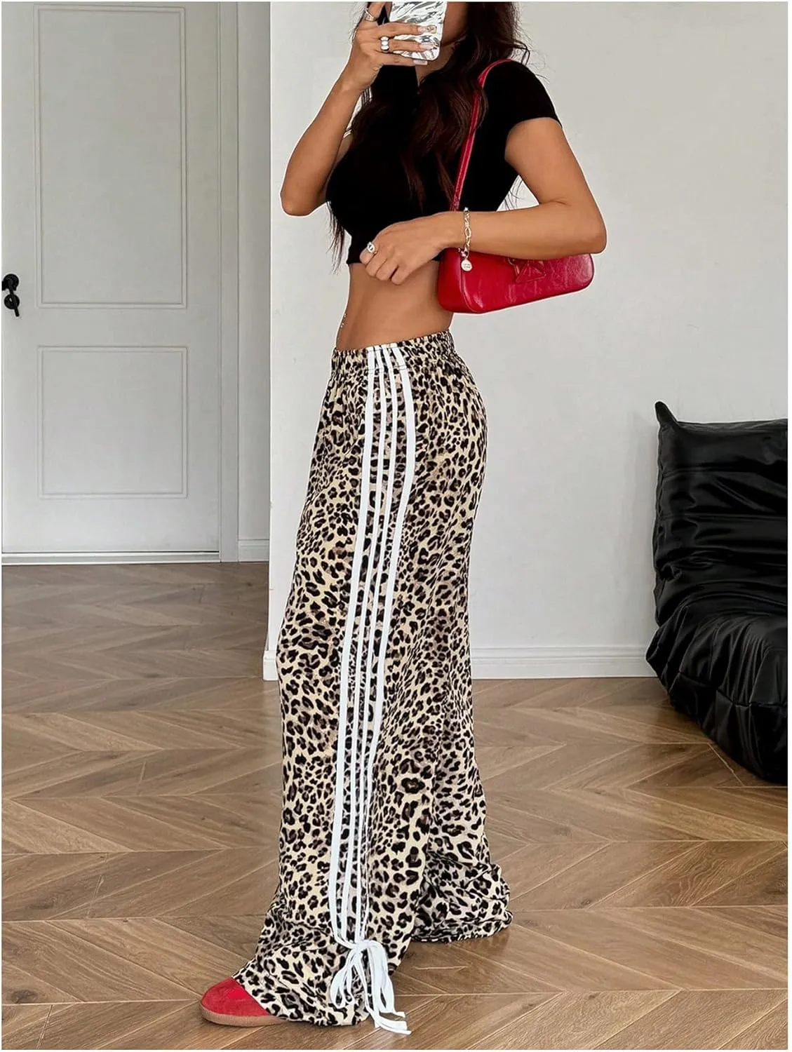 Verdusa Women's Loose Wide Leg Pants Tie Side Striped Elastic Waist Trousers