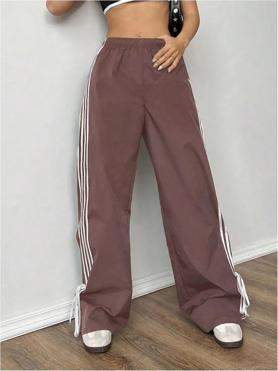 Verdusa Women's Loose Wide Leg Pants Tie Side Striped Elastic Waist Trousers