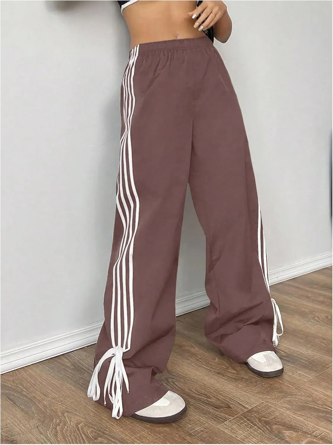 Verdusa Women's Loose Wide Leg Pants Tie Side Striped Elastic Waist Trousers