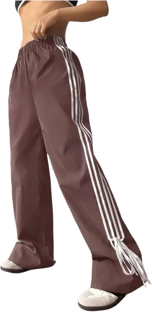 Verdusa Women's Loose Wide Leg Pants Tie Side Striped Elastic Waist Trousers