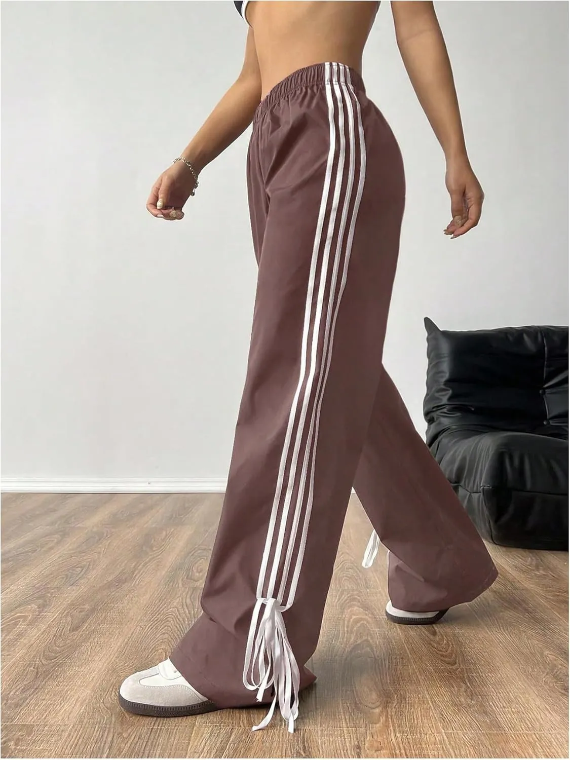 Verdusa Women's Loose Wide Leg Pants Tie Side Striped Elastic Waist Trousers