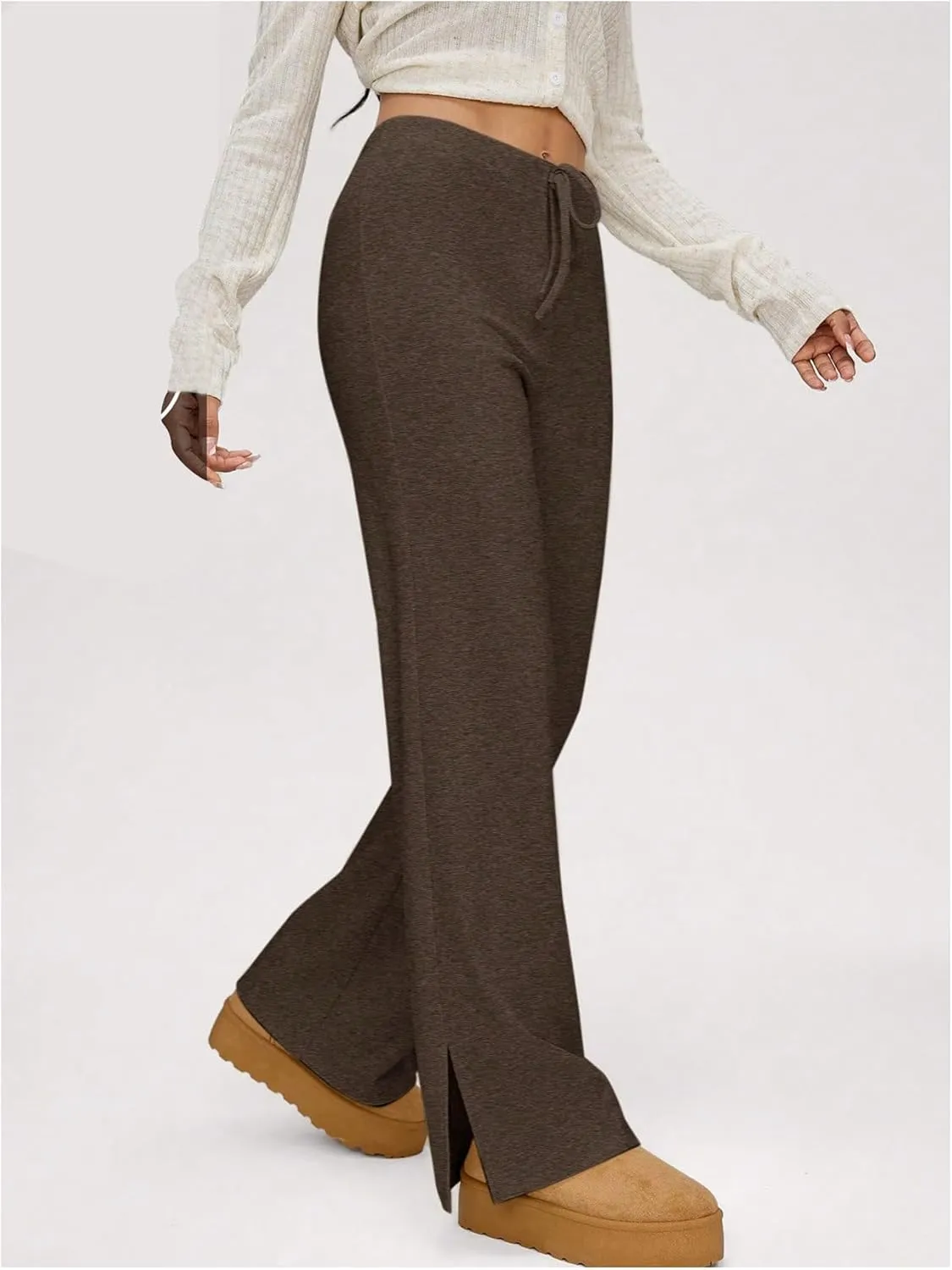 Verdusa Women's Solid Drawstring Waist Knit Lounge Pants Flare Leg Slit Trousers