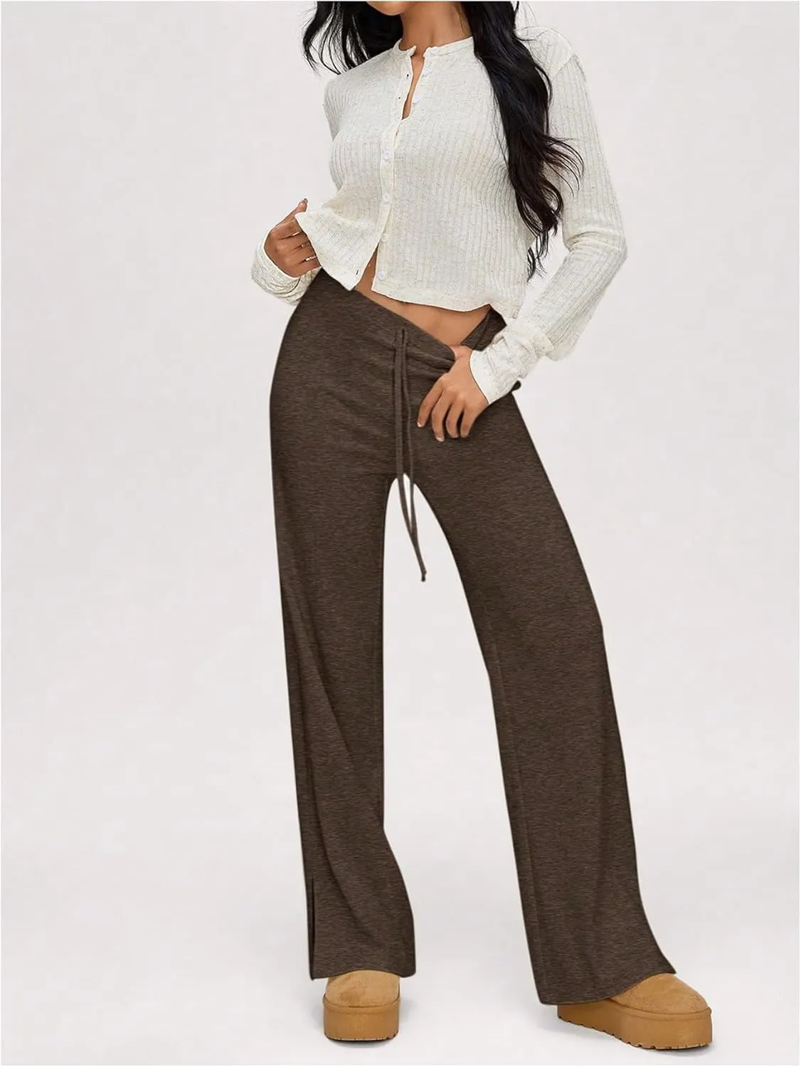 Verdusa Women's Solid Drawstring Waist Knit Lounge Pants Flare Leg Slit Trousers