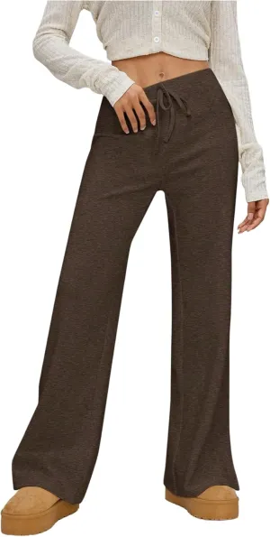 Verdusa Women's Solid Drawstring Waist Knit Lounge Pants Flare Leg Slit Trousers