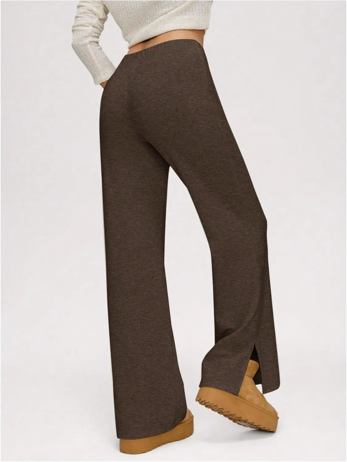 Verdusa Women's Solid Drawstring Waist Knit Lounge Pants Flare Leg Slit Trousers