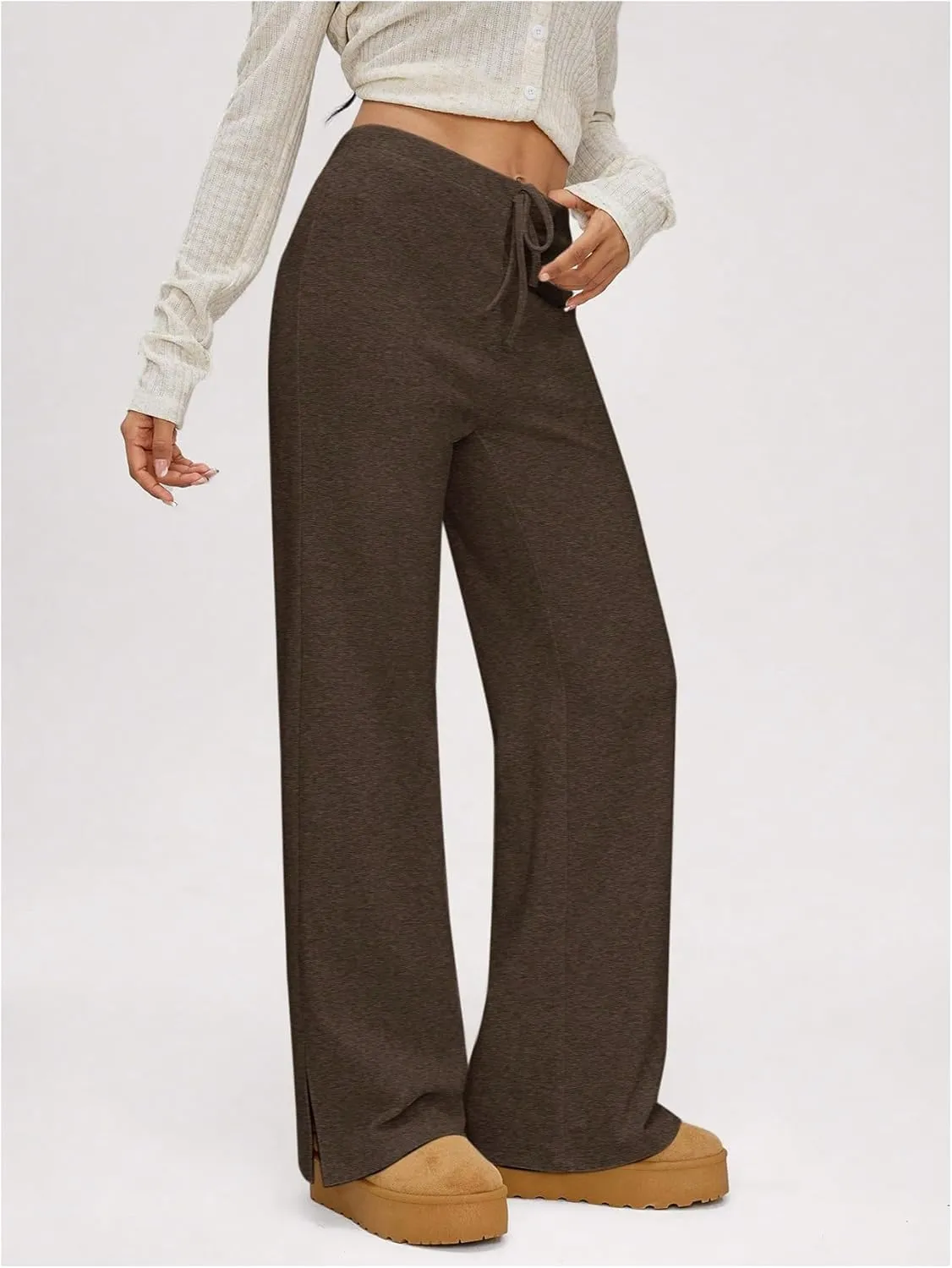 Verdusa Women's Solid Drawstring Waist Knit Lounge Pants Flare Leg Slit Trousers