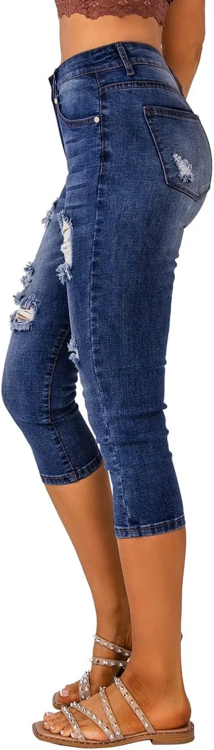 Vetinee Women's High Waisted Casual Ripped Skinny Slim Fit Stretch Denim Capri Jeans