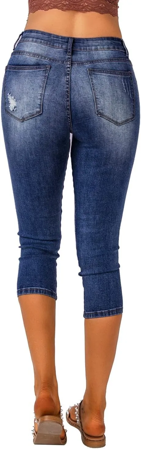 Vetinee Women's High Waisted Casual Ripped Skinny Slim Fit Stretch Denim Capri Jeans
