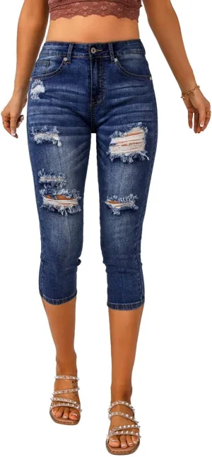 Vetinee Women's High Waisted Casual Ripped Skinny Slim Fit Stretch Denim Capri Jeans