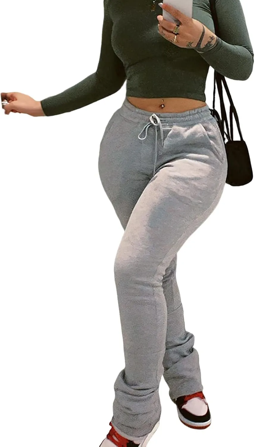 Viatabuna Women Stacked Leggings Pants Casual High Waist Sweatpants Ruched Workout Joggers Drawstring Bell Bottom Flare Pants