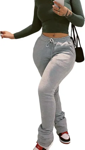 Viatabuna Women Stacked Leggings Pants Casual High Waist Sweatpants Ruched Workout Joggers Drawstring Bell Bottom Flare Pants