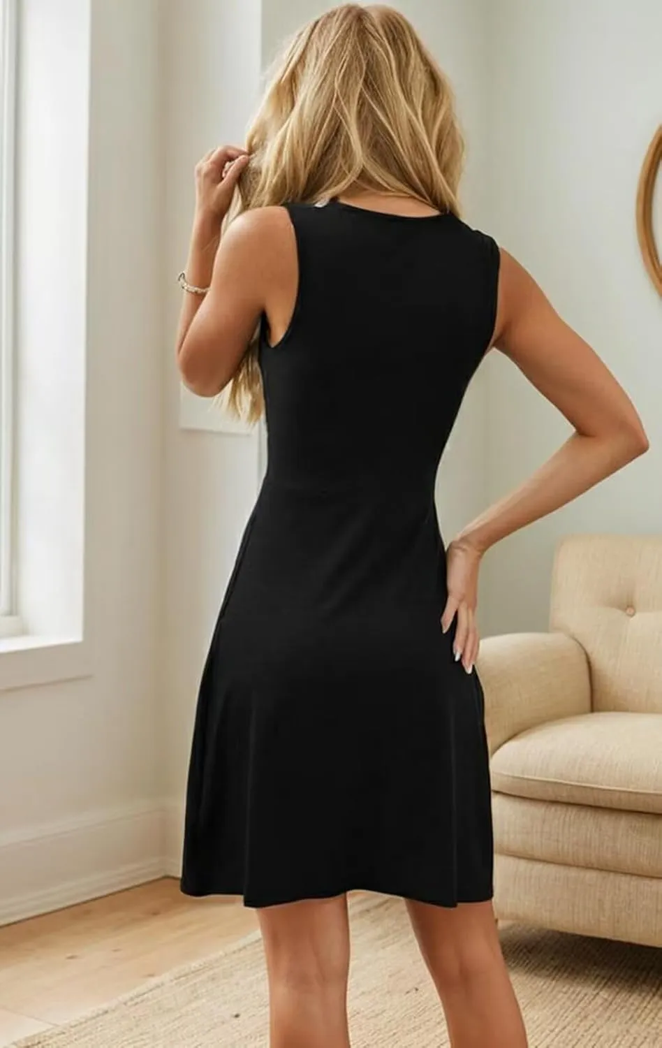 VKEGNIO Twist Front V Neck Ruffle Sleeveless Dress for Women Sexy Elegant Club Party Tunic Dress Casual Vacation Mini Dresses