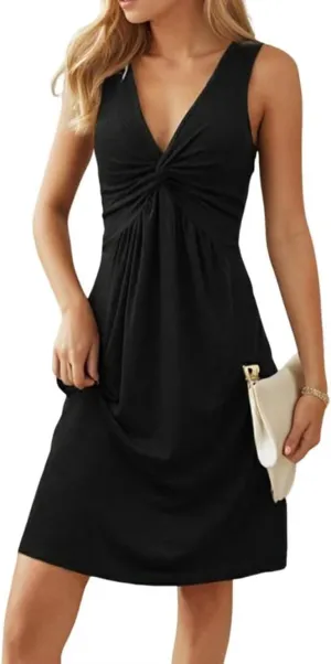 VKEGNIO Twist Front V Neck Ruffle Sleeveless Dress for Women Sexy Elegant Club Party Tunic Dress Casual Vacation Mini Dresses