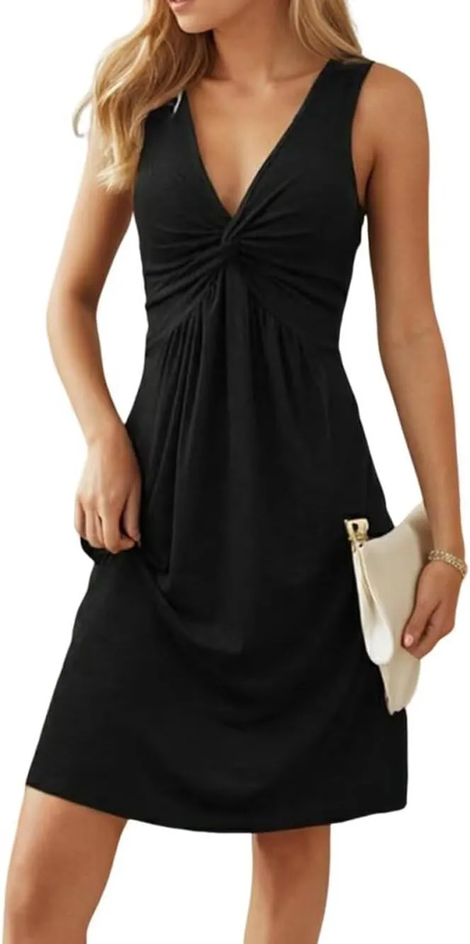 VKEGNIO Twist Front V Neck Ruffle Sleeveless Dress for Women Sexy Elegant Club Party Tunic Dress Casual Vacation Mini Dresses