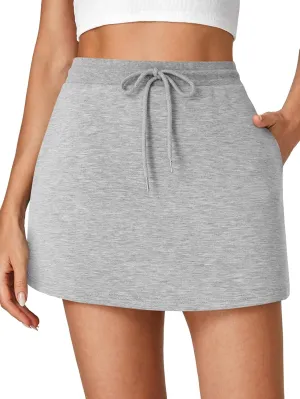 Vrtige Women's Casual Elastic High Waist Drawstring Workout Mini Skirt with Pockets