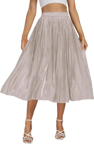 Vrtige Women's Silky Pleated Elastic High Waist Flowy Hem Accordion A Line Midi Skirt
