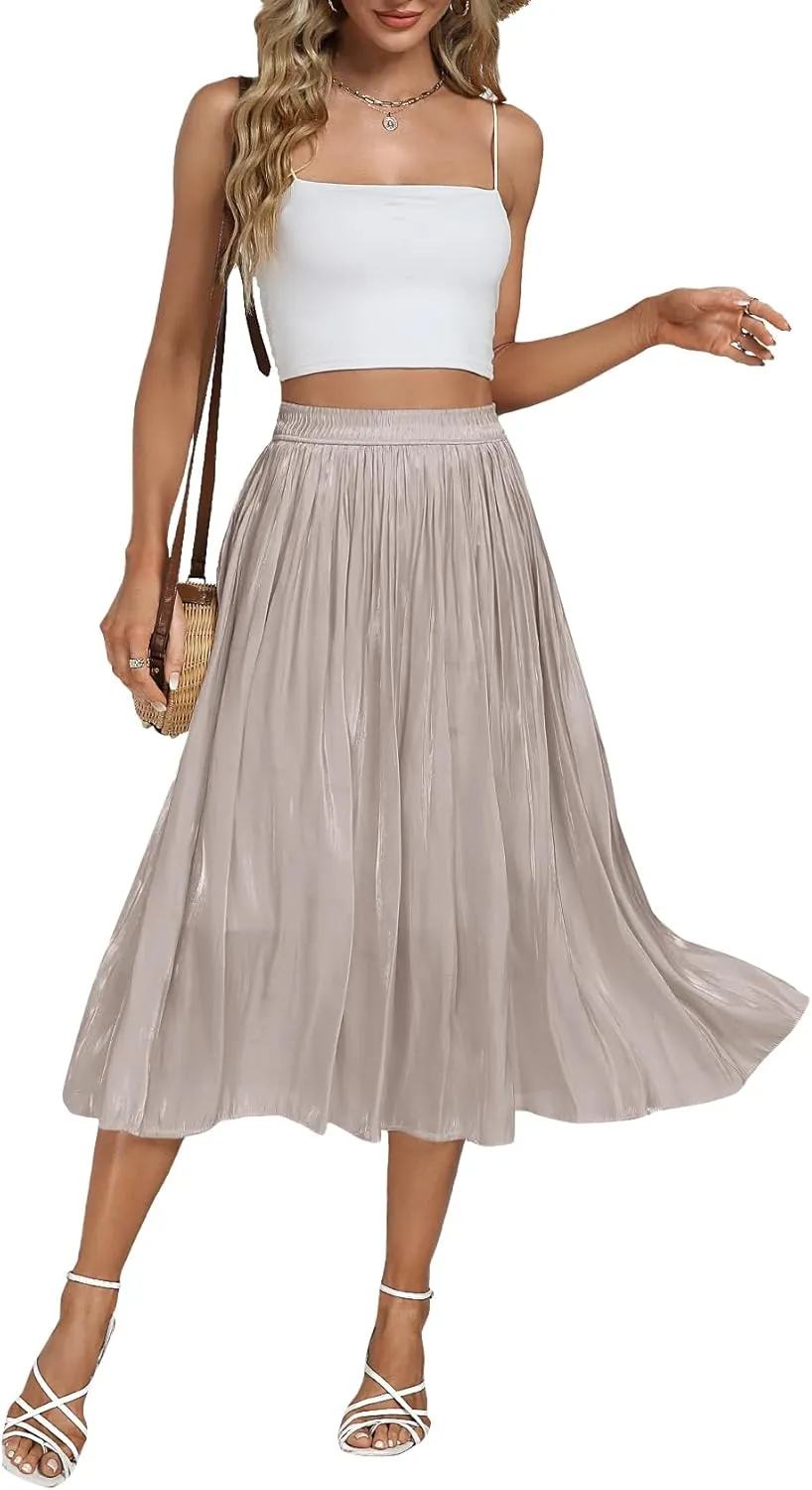 Vrtige Women's Silky Pleated Elastic High Waist Flowy Hem Accordion A Line Midi Skirt