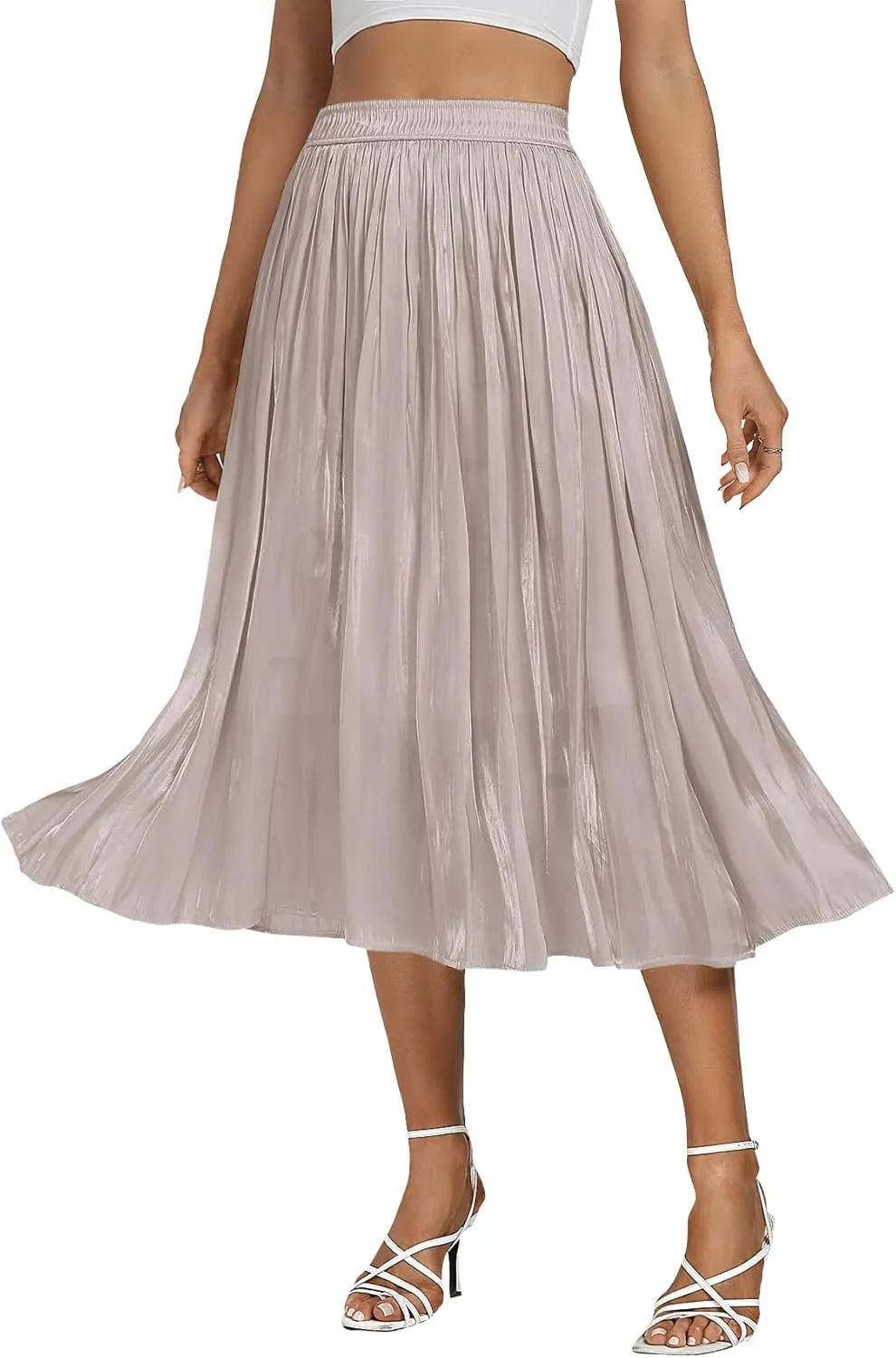 Vrtige Women's Silky Pleated Elastic High Waist Flowy Hem Accordion A Line Midi Skirt
