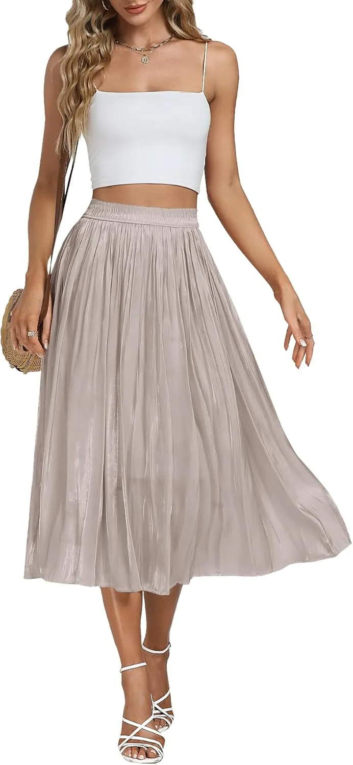 Vrtige Women's Silky Pleated Elastic High Waist Flowy Hem Accordion A Line Midi Skirt