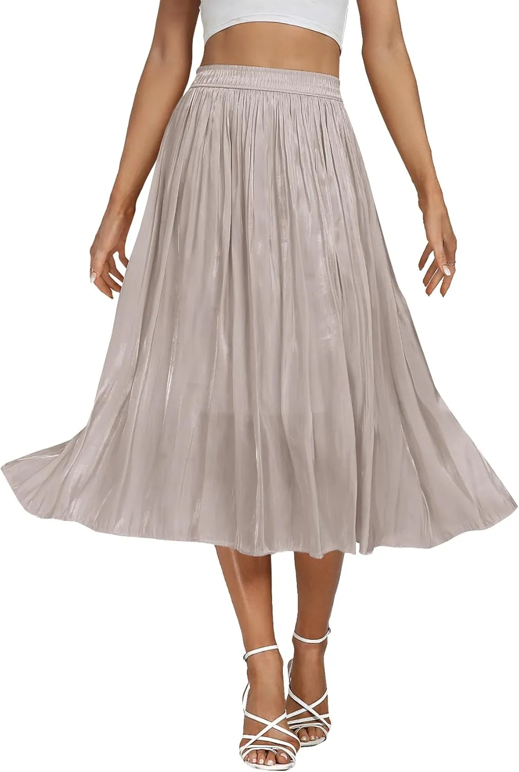 Vrtige Women's Silky Pleated Elastic High Waist Flowy Hem Accordion A Line Midi Skirt