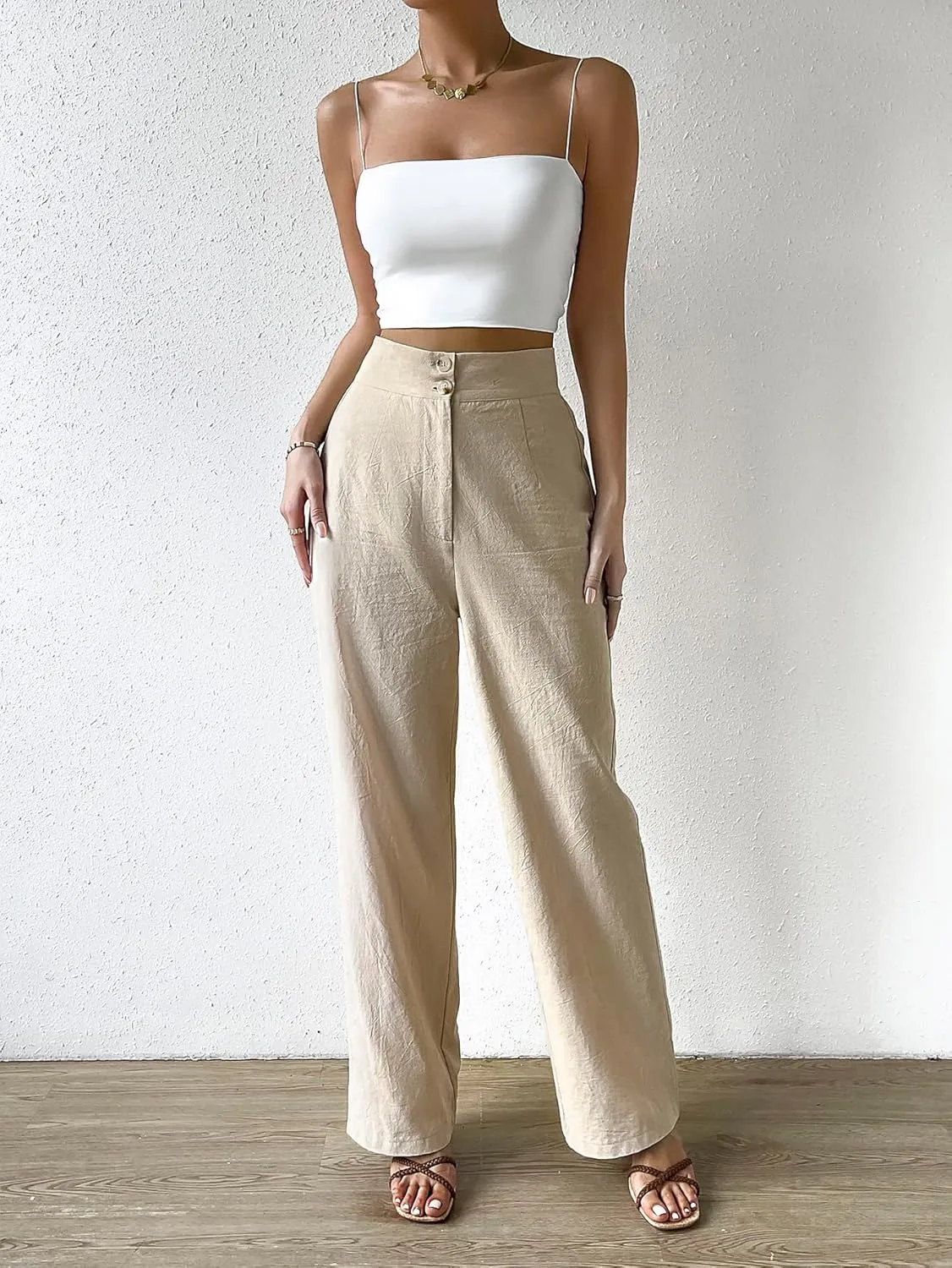 WDIRARA Women's High Waist Button Straight Leg Long Pants Trousers with Pockets
