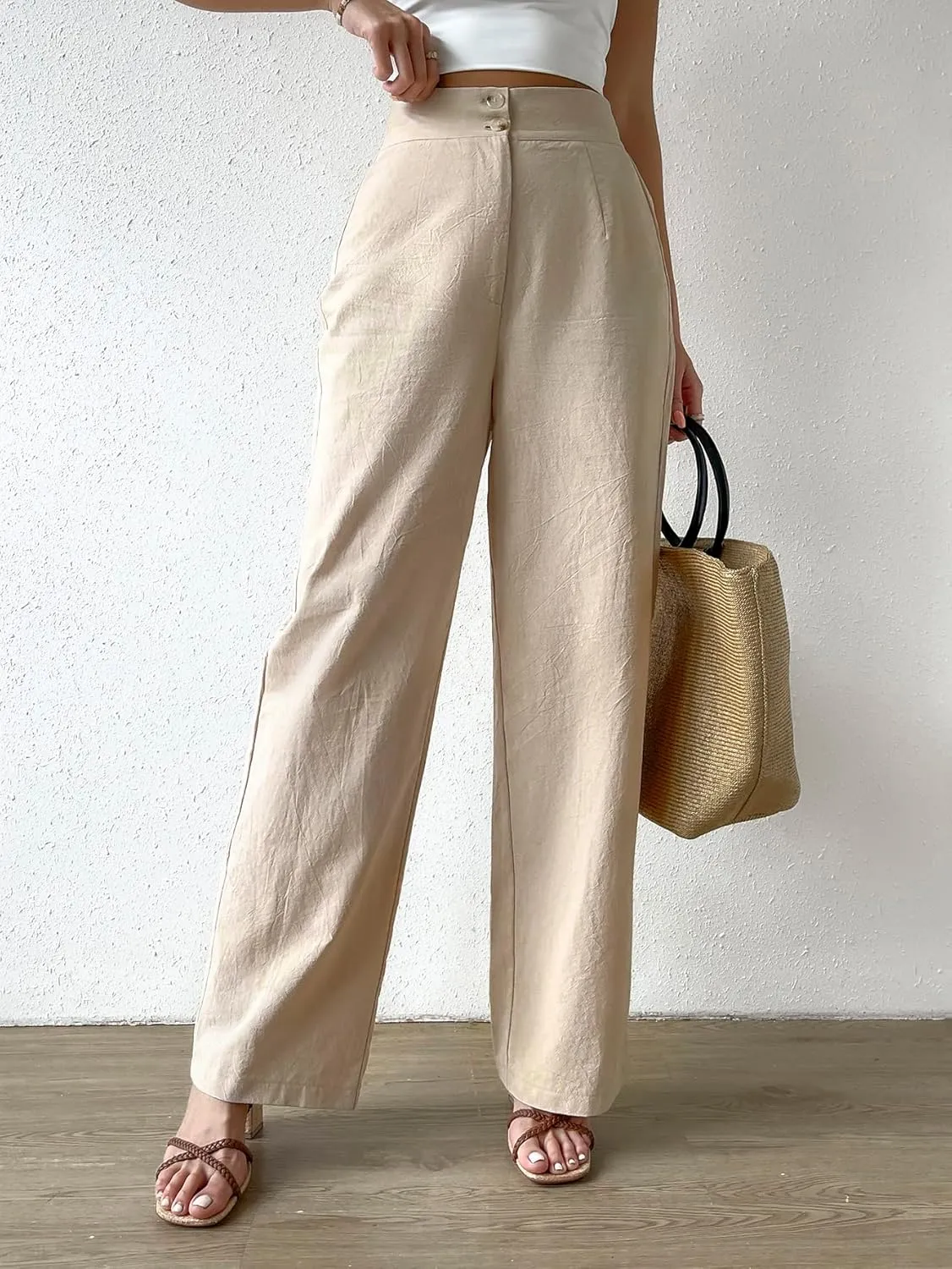 WDIRARA Women's High Waist Button Straight Leg Long Pants Trousers with Pockets