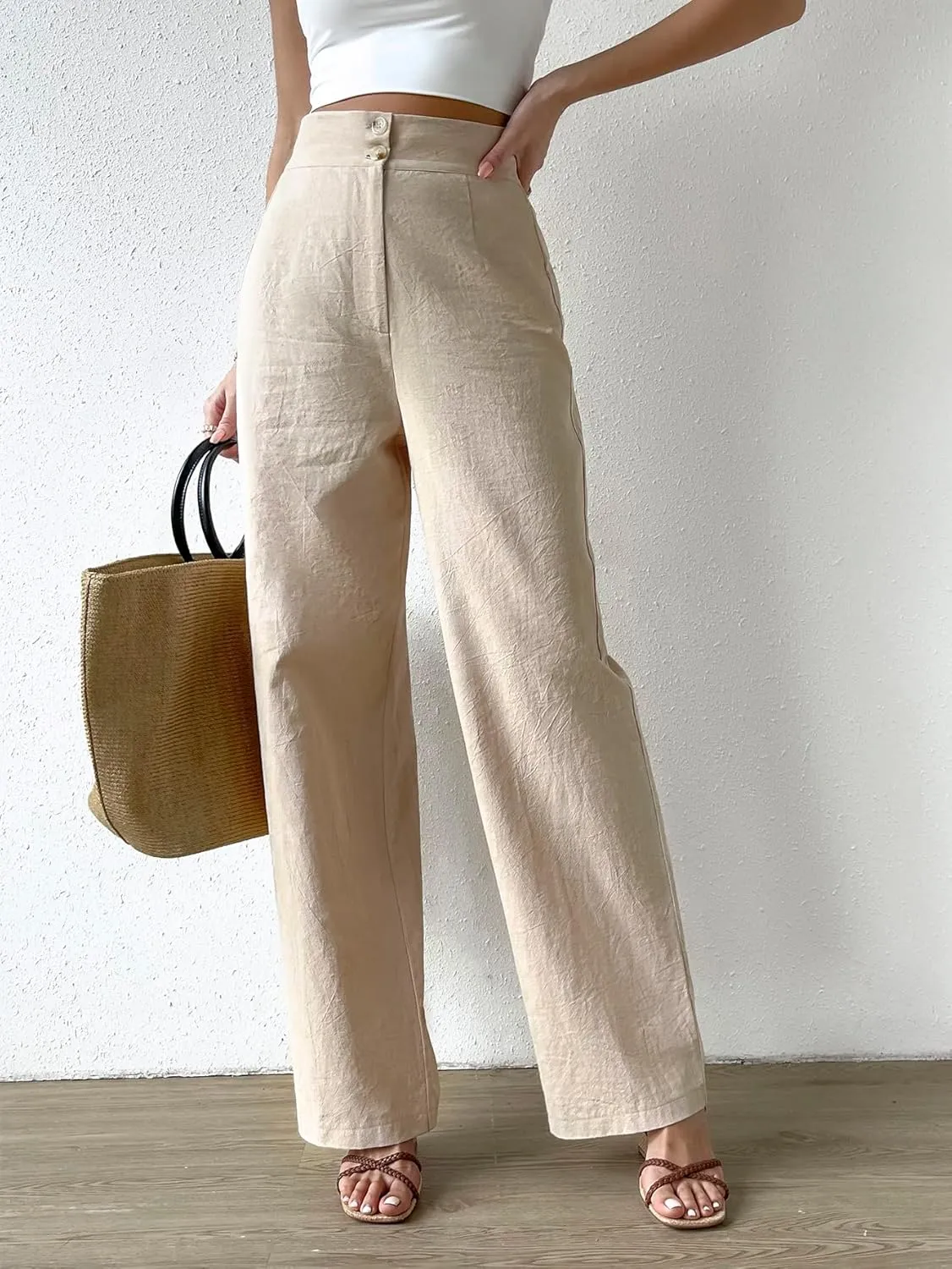 WDIRARA Women's High Waist Button Straight Leg Long Pants Trousers with Pockets