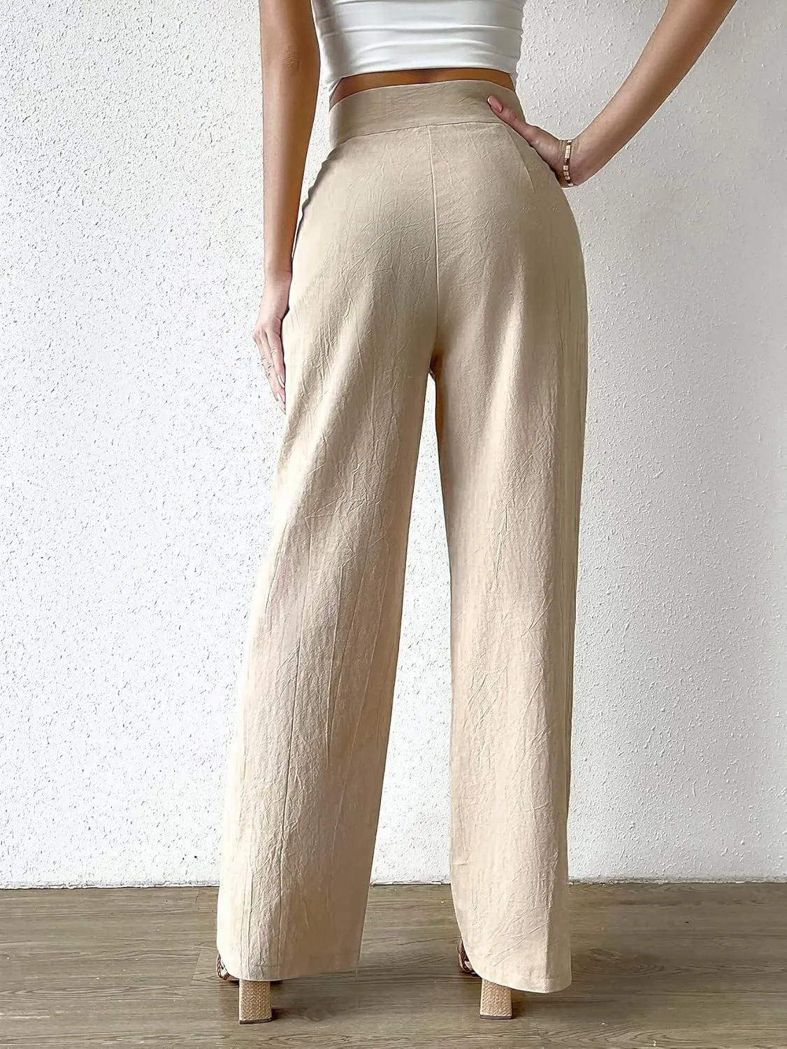 WDIRARA Women's High Waist Button Straight Leg Long Pants Trousers with Pockets