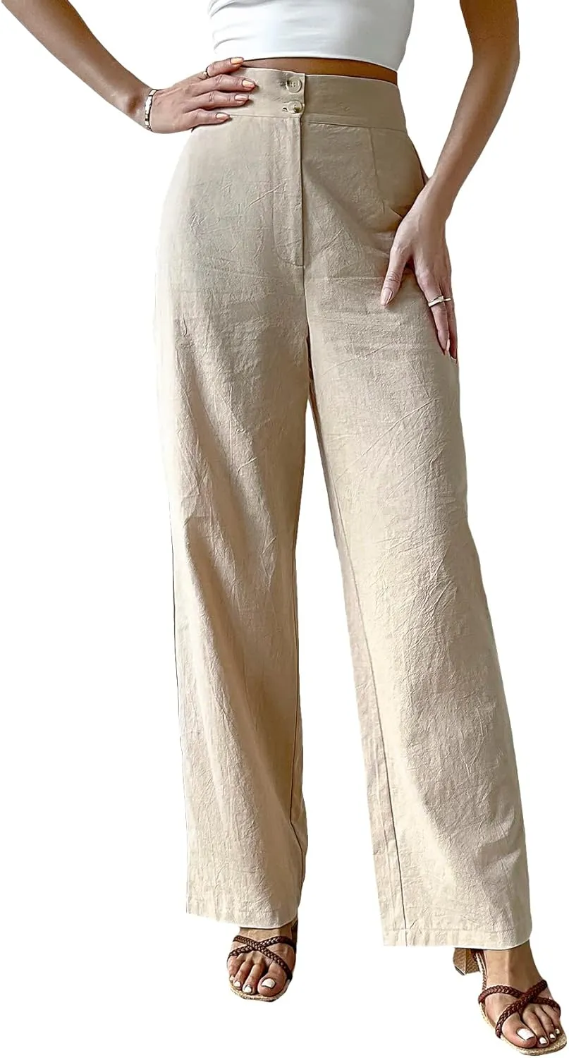 WDIRARA Women's High Waist Button Straight Leg Long Pants Trousers with Pockets