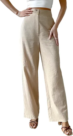 WDIRARA Women's High Waist Button Straight Leg Long Pants Trousers with Pockets
